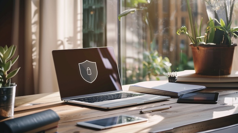 Obrázok zobrazuje moderné pracovisko s prevažne dreveným písacím stolom, na ktorom je položený notebook so zobrazeným symbolom digitálneho bezpečnostného štítu na tmavom pozadí obrazovky. Vedľa notebooku sú rozložené ďalšie príslušenstvá - osobný zápisník, mobilný telefón a tablet. Priestor je osvetlený prirodzeným svetlom prechádzajúcim cez veľké okná v pozadí, obklopené zelenými izbovými rastlinami, ktoré pridávajú na útulnosti a pohodlí miesta.