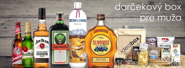 Obrázok zobrazuje darčekový box pre muža s rôznymi druhmi alkoholických nápojov a pochutín. V boxe sú zastúpené známe značky ako Jim Beam, Jägermeister a Kozel, ale aj tradičná Československá vodka a R. Jelínek Slivovice. Popri alkohole je v boxe aj výber snackov, ako sú pretzle, kotlekové chipsy a sušienky. Box je vyrobený z dreva a je dizajnový s nápisom "ideabox" v pravom dolnom rohu. Tento obrázok je typickým predstaviteľom originálneho darčeka pre muža, ktorý ocení kvalitný alkohol a chutné snacky.